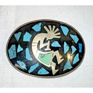VTG Sterling Silver Turquoise Chip Native American Kokopelli Belt Buckle‎ Mexico